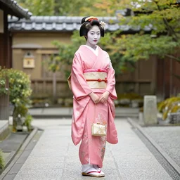 photo of a young, beautiful Japanese geisha wearing a pink kimono, full body photo, kyoto, traditional,
