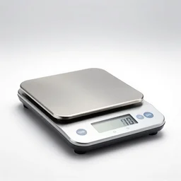 futuristic kitchen scale, commercial catalog photo, isolated on a pure white background, centered, entire object in frame, sharp focus, soft studio lighting