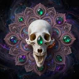 fractal mandala nebula psy trip ghost color an ancient white bone and emerald gemstone relic, intricate engraving concept art style
