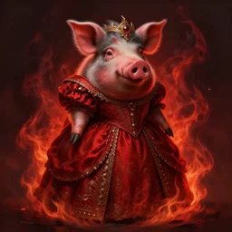 a medieval hog pig in a princess dress, dark thick smokey red fire, intricate, elegant, highly detailed, centered, digital painting, artstation, concept art, smooth, sharp focus, illustration, artgerm, tomasz alen kopera, peter mohrbacher, donato giancola, joseph christian leyendecker, wlop, boris vallejo