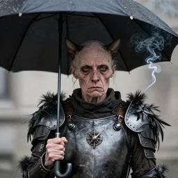 photographic portrait wrinkly max ernst sad woman hairless cat feathers, wearing armor, holding an umbrella, spiraling cigarette smoke, editorial