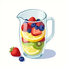 ( ( dither ) ), editorial illustration strawberries blueberries sliced kiwi sliced lemon layered inside a clear glass pitcher portrait, isometric, fruit peels, modern art deco, ( ( mads berg ) ), christopher balaskas, victo ngai, rich grainy texture, detailed, dynamic composition, wide angle, matte print, art nouveau, unreal engine