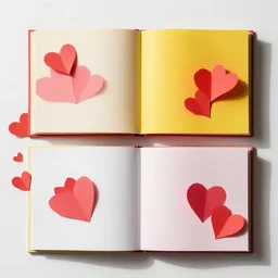 flatlay book collection, vivid colors, dramatic lighting, paper hearts