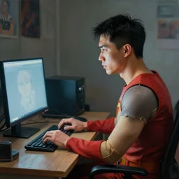 an insanely detailed painting of an asian man wearing a homemade superhero costume, sitting at a desk, staring seriously at the computer and typing, in the style of peter mohrbacher, dramatic lighting and composition, surreal background, octane render, pixar, trending on artstation, concept art, comic book, view from behind, 8 k