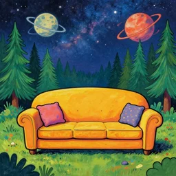 psychedelic trippy couch pine forest planets milky way sofa cartoon by louis wain