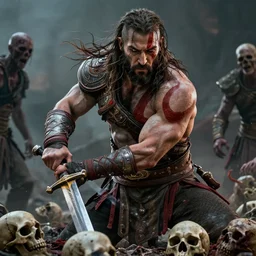 film still from god of war, a highly detailed beautiful closeup photo of jason momoa!! kratos with long! windblown wet hair! holding a sword and fighting zombies on a pile of human skulls, spartan warrior, olympian god, muscular!!!, masculine confident pose, ambient lighting, volumetric lighting, octane, fantasy