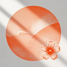 vintage color halftone advertisement large colorful orange peach and one small blossom illustration, nostalgic high saturation, solid light grey background