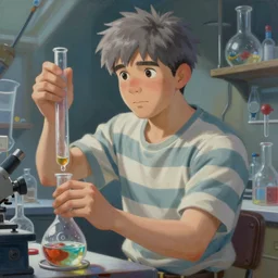 An epic fantasy comic book style portrait painting of a normal !young man in a laboratory, !!really short gray hairs, round face, wearing a shirt with horizontal stripes, handling laboratory equipment, character design by Mark Ryden and Pixar and Hayao Miyazaki, unreal 5, DAZ, hyperrealistic, octane render, cosplay, RPG portrait, dynamic lighting, intricate detail, summer vibrancy, cinematic