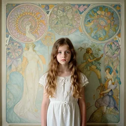 a beautiful young girl in front a very intricate wallpaper by ernst heackel, daguerreotype by edward hopper, by henri rousseau, by Bosch, art noveau, highly detailed, strong lights, liminal, eerie, Bright pastel colors, octane render, 8k,