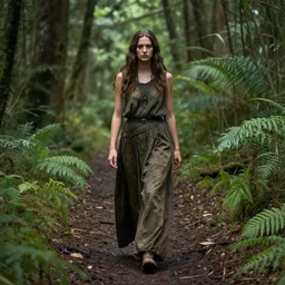 bene gesserit sister walking along a path in a temperate rainforest, photorealistic