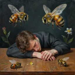 patric ortmann, motionsickness, giger, dark room, painting, 3 d render, bees, flowers, wooden table