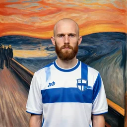 teemu pukki. 3 0 year old bald with beard in finland national football team shirt. in style of scream by edward munch