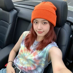 girl with chestnut hair lounging in the leather seats of a convertible car wearing an orange beanie and a faded tie-dye sleeveless shirt, selfie, hands in lap, face-forward, faint smile