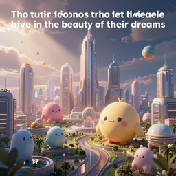futuristic city with dream like cute things, the future belongs to those who believe in the beauty of their dreams
