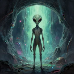 an alien standing in front of a portal to another dimension, art by emmanuel shiu