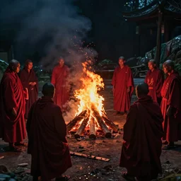 A group of red robed cultist circling a bonfire at night. There robes has cultist markings on them. Dark, dreary, otherworldly, cinematic lighting, Nano. - n 5