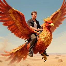 a portrait of arnold schwarzenegger riding a giant phoenix in the desert, cinematic shot, digital illustration, art by greg rutkowski, epic, fantasy, amazing detail, intricate
