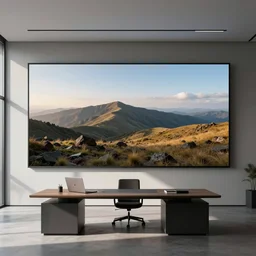 stunning office with a giant screen on a wall, huge desk, minimalist, bauhaus