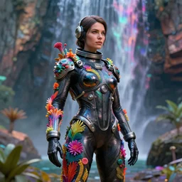 octane render portrait by wayne barlow and carlo crivelli and glenn fabry, focus on a woman in a skintight shiny black spacesuit with intricate iridescent metal detailing, covered in bright colorful tropical alien flora in front of a giant rocky cliff with colorful waterfalls, cinema 4 d, ray traced lighting, very short depth of field, bokeh