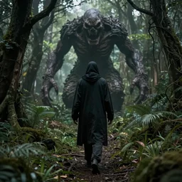 a shady, undead man is walking towards a horrific monster in a densely overgrown, eerie jungle, fantasy, stopped in time, dreamlike light incidence, ultra realistic, award winning picture
