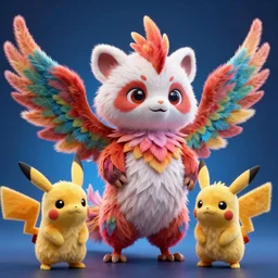 high quality 3 d render hyperrealist very cute multicolor stripped fluffy! phoenix panda hybrid with wings!!!, highly detailed, vray smooth, in the style of detective pikachu, hannah yata charlie immer, dramatic blue light, low angle, uhd 8 k, sharp focus
