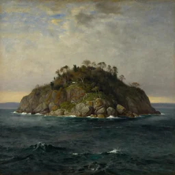 landscape of a large island in a rough sea, well lit, detailed, cinematic lighting, pre - raphaelite, oil painting
