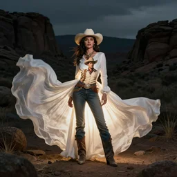 photo, a woman wearing a giant flowing white dress that contains a massive illuminated photograph of a vintage western cowboy movie, standing inside a dark western rocky scenic landscape, volumetric lighting