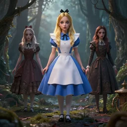 alice in wonderland, 3 d, mistic atmosphere, scarry, octane render, intricate, hyper detailed, morning light, well rendered