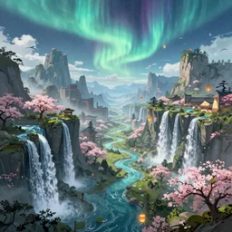 a detailed illustration of an epic fantasy landscape featuring waterfalls, mountain city, streams, floating lanterns, cherry blossoms with aurora borealis by alyn spiller and ryan church, 4K, trending in artstation, wide angle, futuristic, octane render