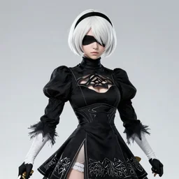 yorha 2 b, white hair, nier automata, portrait, perfect composition, black dress, wlop, sakimichan