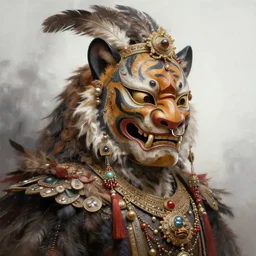 masterful fantastic realist painting an exotic ancient feathered and bejeweled beast wearing an exquisite and fiercely painted bugaku mask of a tiger, digital painting trending on artstation, nose ring, volumetric lighting and mist, cosplay, 3 / 4 portrait painting, hyperrealistic, octane render