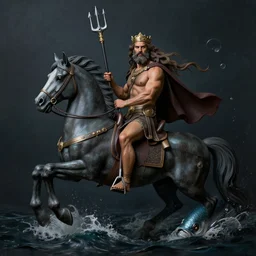 Poseidon, the god of the sea, with trident and crown, riding a mixture of a horse and a fish, matte painting, photorealistic, dark colors