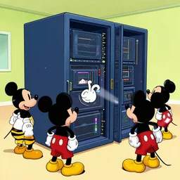 beeple render of a giant supercomputer being guarded by mickey mouse