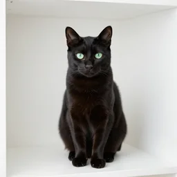 national geographic photograph of a green eyed black cat sitting in a white room
