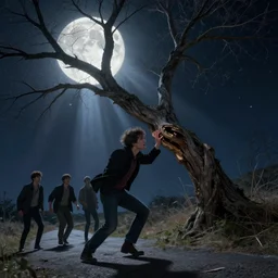 rough fingers bludgeoning his lips, he stumbled, turned, ran to the road, glanced once more where the twisted trunk raked five branches at the moon by dan mumford, anton fedeev, william higginson, ross tran, cosmic, heavenly, god rays, intricate detail, cinematic, cel shaded, unreal engine, featured on artstation, pixiv