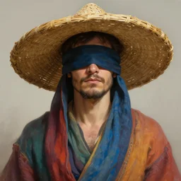portrait of a blindfolded man in baggy multicolored robes and a large straw hat, detailed face, highly detailed, cinematic lighting, digital art painting by greg rutkowski