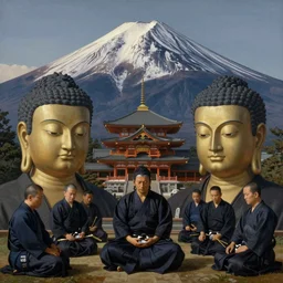 depression and buddhahood, detailed portraits, symmetrical faces, classical, by fernando botero, by ambrosius benson, realistic, zoomed out, epic composition, discovering japan, ceremony, temple, dojo, mountain fuji