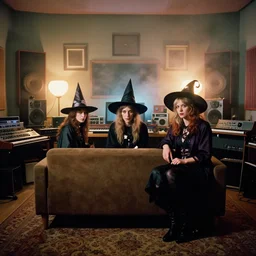 award - winning colour portrait of occult dadcore wizards and momcore witches in a bedroom recording studio, 2 8 mm, fujifilm velvia 5 0, 1 9 6 0 s room, 1 9 6 0 s couch, retro synthesisers, retro hi - fi gear, retro audio recording gear, square picture frames, haze, shining lamps, smoke, fog, rule of thirds, readability,