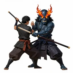 ancient samurai battling an obsidian japanese demon with great flaming eyebrows, digital art