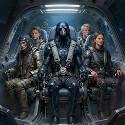 epic professional digital art of genetically modified human crow sitting in pilot seat of spacecraft, painted, mysterious, cinematic, publicity shot, detailed, intricate, grand, leesha hannigan, wayne haag, reyna rochin, ignacio fernandez rios, mark ryden, van herpen, artstation, cgsociety, stunning, gorgeous, pixiv epic
