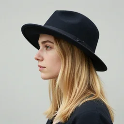 portrait of 2 0 - year - old woman with angle lost profile looking away, medium yellow blond hair, character with a hat, hair comes out of the hat a little