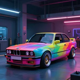 4 k photo of a colorful cyberpunk bmw e 3 0 created by khyzyl saleem trending on artstation