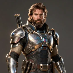 Portrait of a man with brown hair and beard in futuristic sci-fi armor, blasters on his belt, digital art, realistic, artstation, detailed