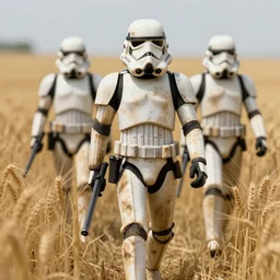 a 5 0 mm photo of a star wars imperial dirty filthy muddy stormtroopers walking through a wheatfield during ww 2, sun, moon, smoke, planet, fire, volumetric lighting, action pose, thomas kinkade, ralph mcquarrie, greg rutkowski, detailed illustration, digital art