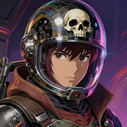 realistic detailed cyberpunk close up portrait of a menacing warrior space pirate with shiny skull space helmet by Anna and Elena Balbusso, Akira, Ghost in the Shell, studio Ghibli, anime Art Nouveau, rich deep vibrant colors, futuristic, sci-fi