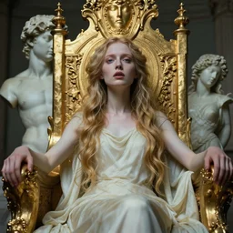 beautiful closeup portrait of a ethereal lady with a gold throne, marble sculpture by greg rutkowski, josan gonzalez, rodin, michelangelo, cinematography by christopher nolan, imaginative, creative, emotion : madness