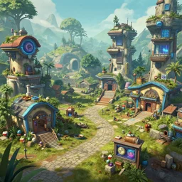 a small comfy cyberpunk village, sci fi, high quality