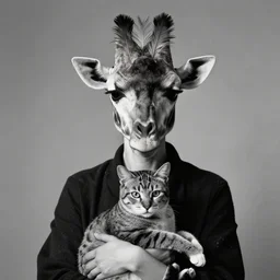 photographic portrait max ernst sad woman giraffe feathers face, holding a cat