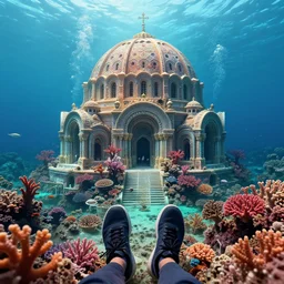 a first person perspective beautiful digital illustration of a domed underwater city on a vibrant coral reef by beeple | Byzantine architecture, made of coral | cinematic | unreal engine | octane | photorealistic |