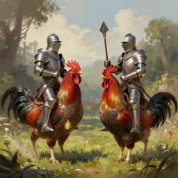 digital painting of a fantasy fairy knights jousting on roosters